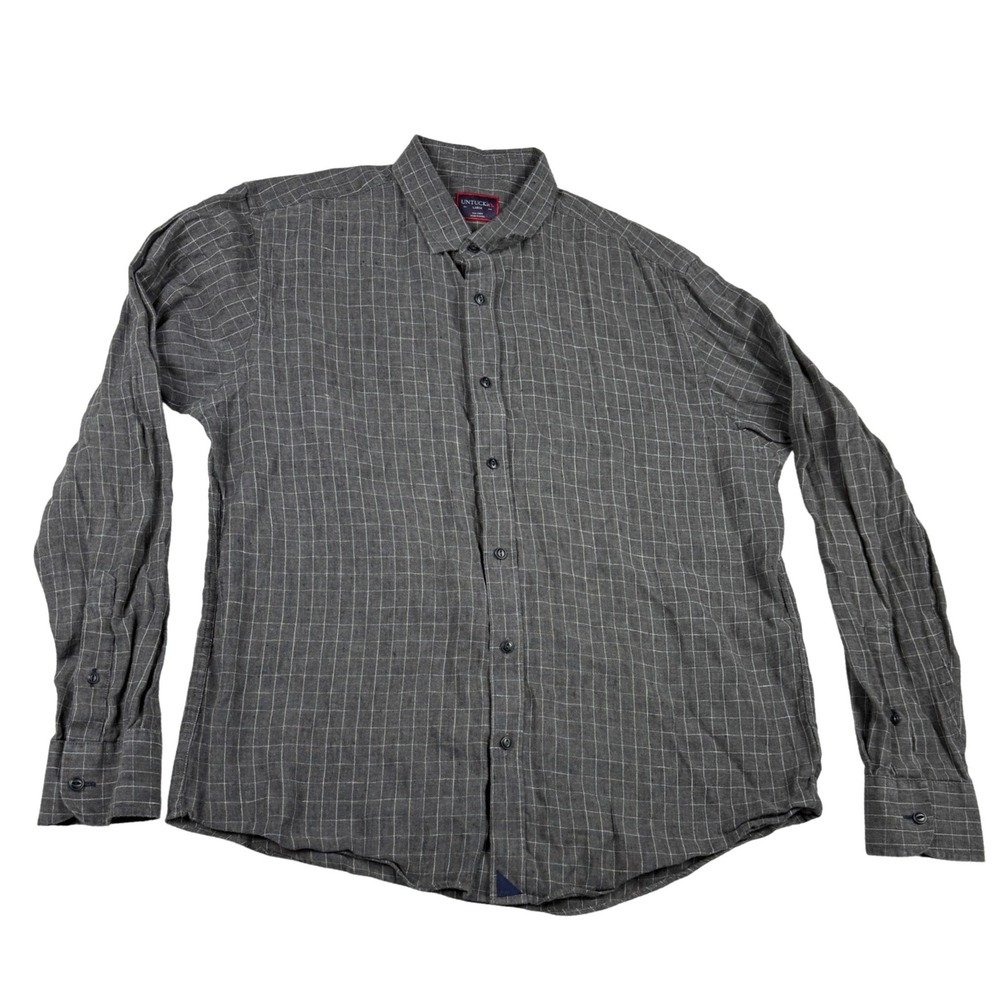 UNTUCKit Chauvin Linen Shirt Mens Large Gray Grid Long Sleeve Button Down